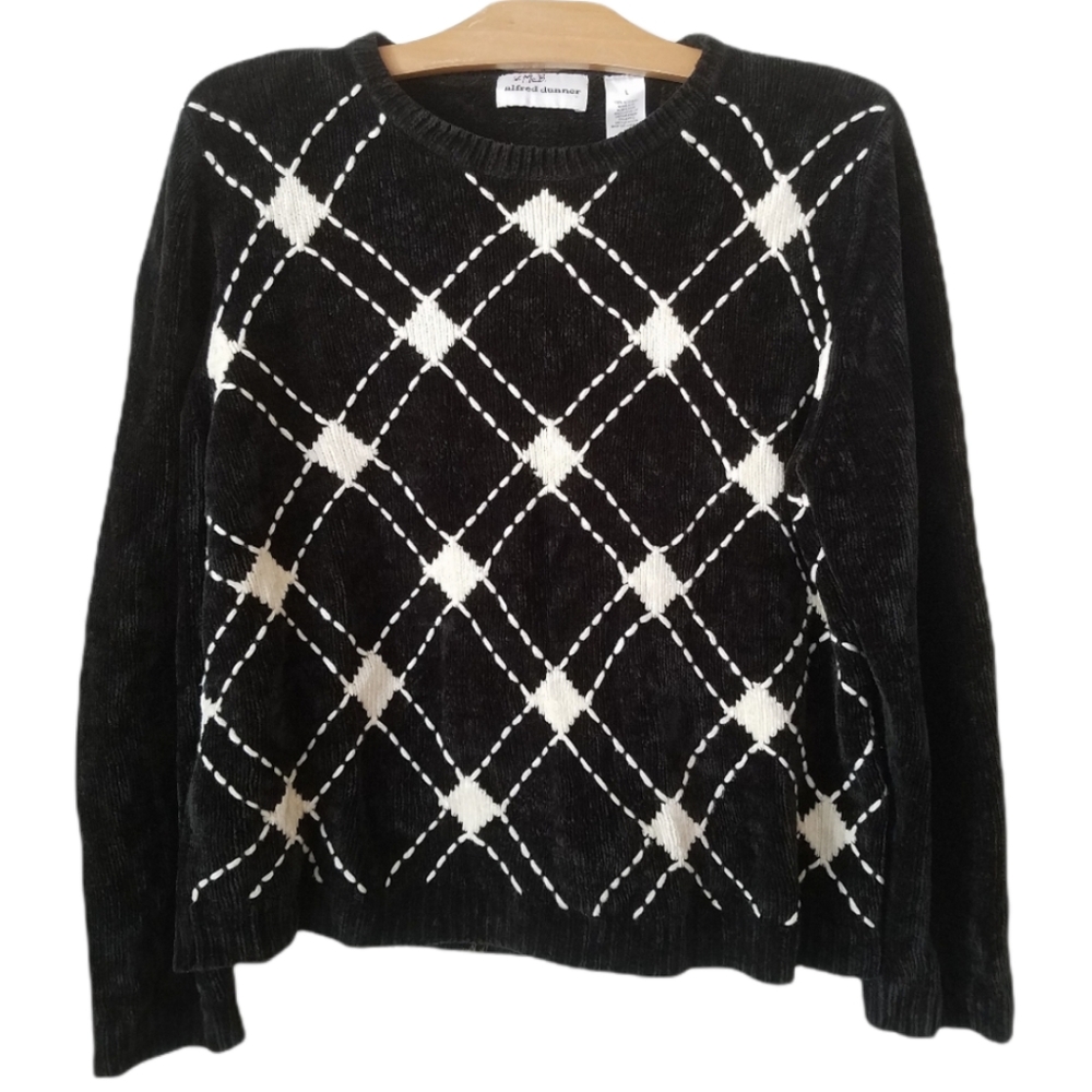 Vtg Alfred Dunner checkered chenille pullover sweater black  white